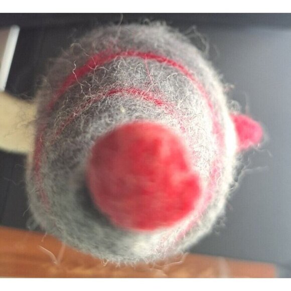 Felted Cream Colored Bird in Gray and Red Stripe Gnome Hat Black Wire Legs - Picture 6 of 7